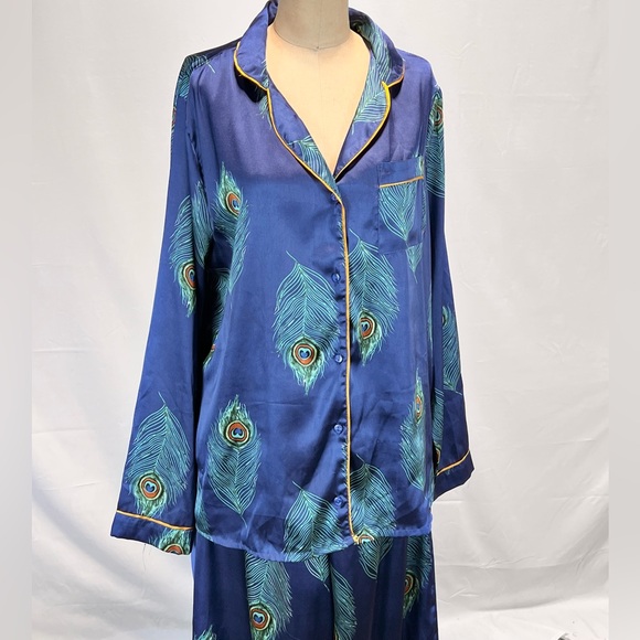 Peacock feather 2 piece pajama set shirt elastic waist drawstring pants leisure - Picture 4 of 17